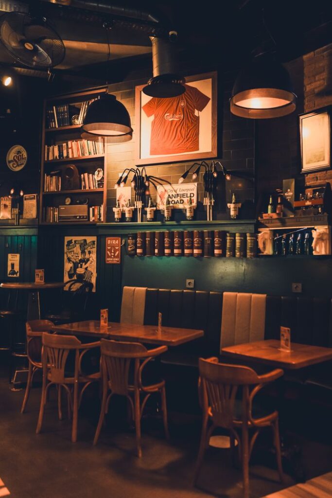 Warmly lit pub with vintage decor and empty tables in Istanbul.